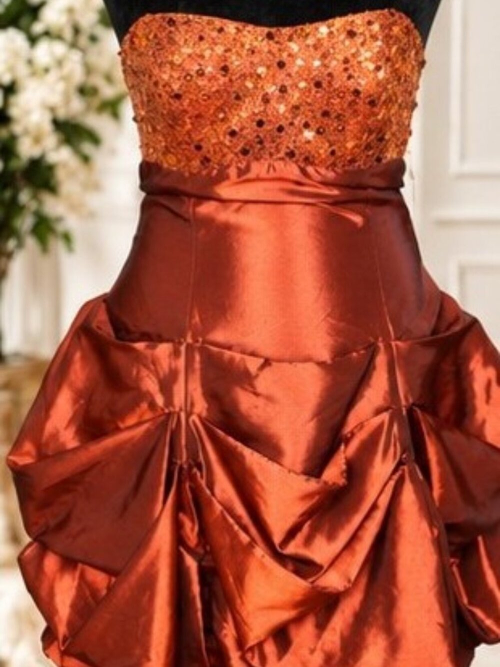 Shireen Bronze Copper Seq Retro Strapless Satin Bubble Mini Dress Y2K Prom NWT